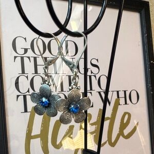 Silver Flower Earrings with Blue Gem